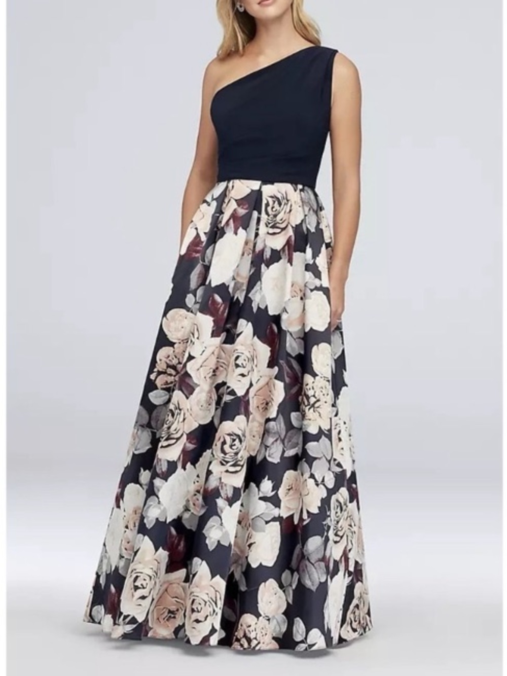 Betsy & Adam Navy Floral One Shoulder Gown